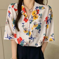 Gilmort - Elbow-Sleeve Open-Collar Floral Print Shirt