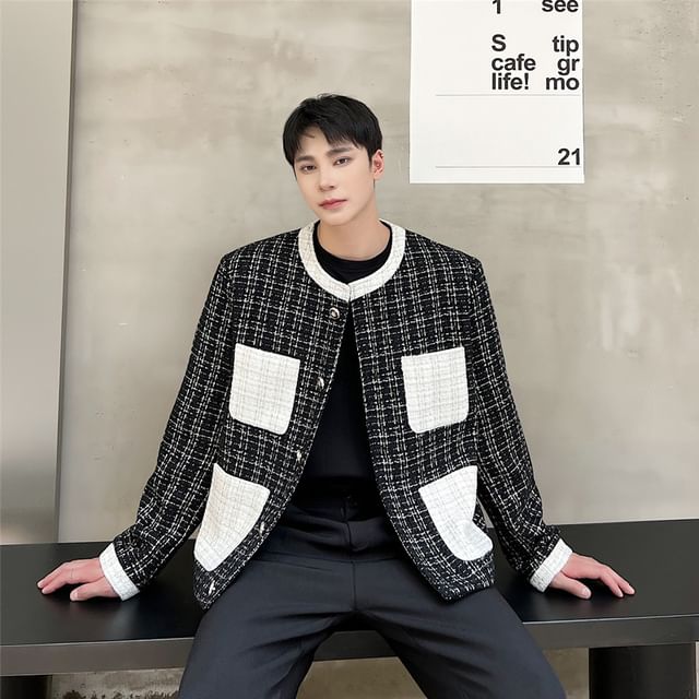 Freehop-Round Neck Panel Tweed Button Jacket