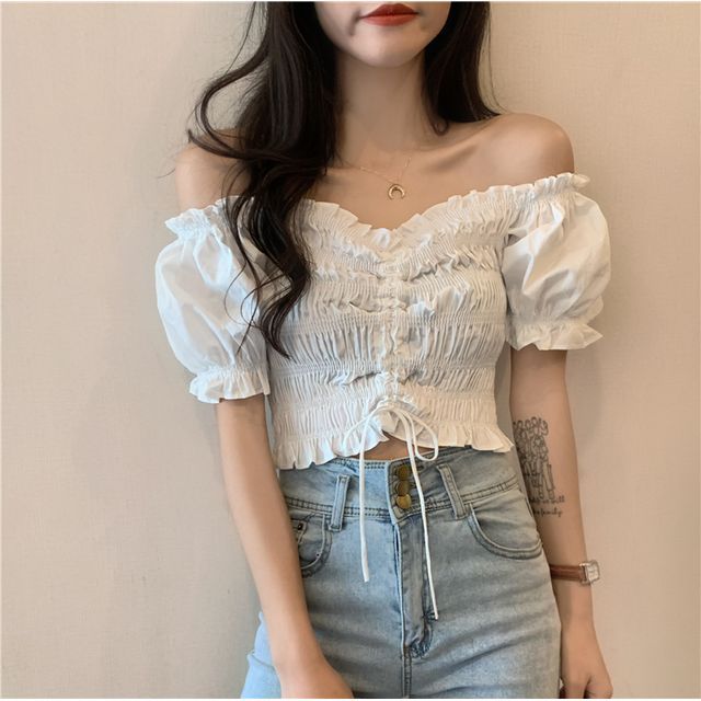 Jolly Club - Off-Shoulder Drawstring Cropped Blouse | YesStyle