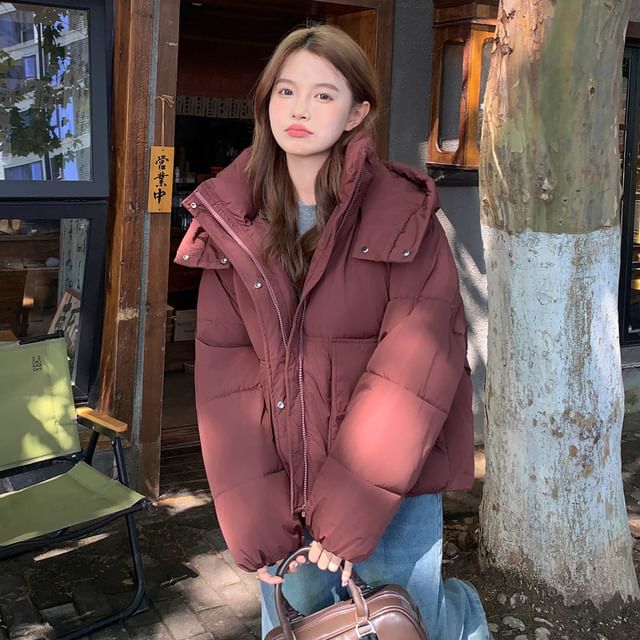 Sienne-Stand Collar Plain Hood Zip Puffer Jacket