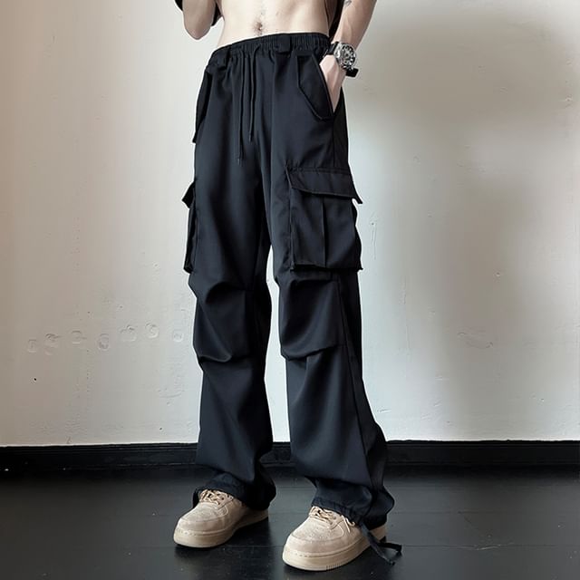 Fushet-Elastic Waist Plain Cargo Straight Leg Pants