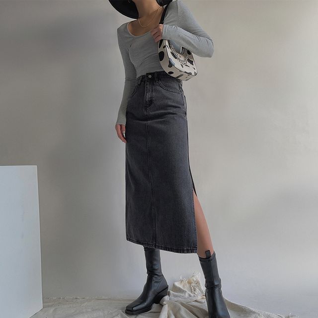 Grey denim hotsell midi skirt