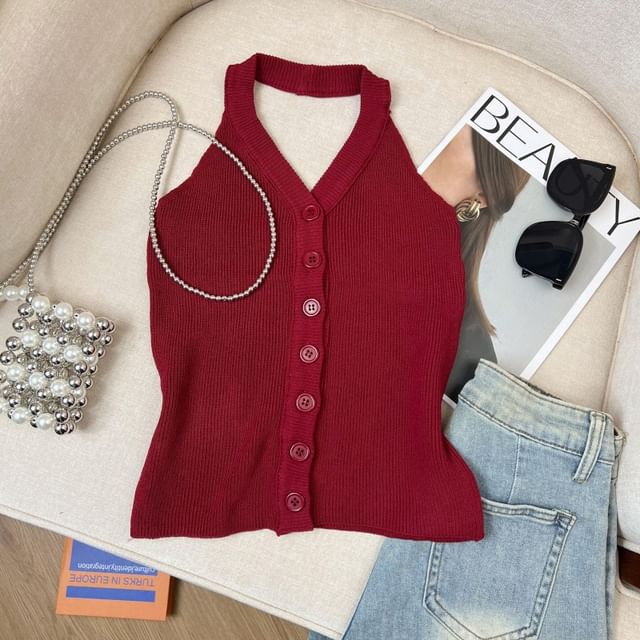 Yako-Sleeveless Halter V-Neck Plain Button Up Ribbed Knit Top