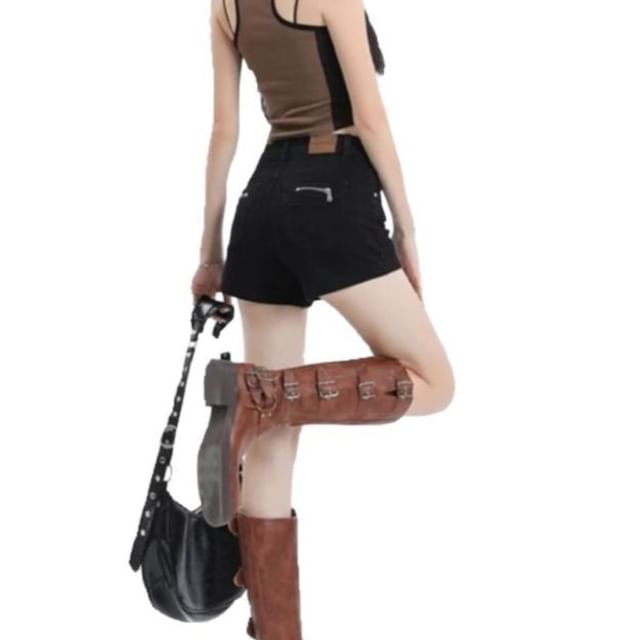 Wildfoea-High Waist Denim Shorts
