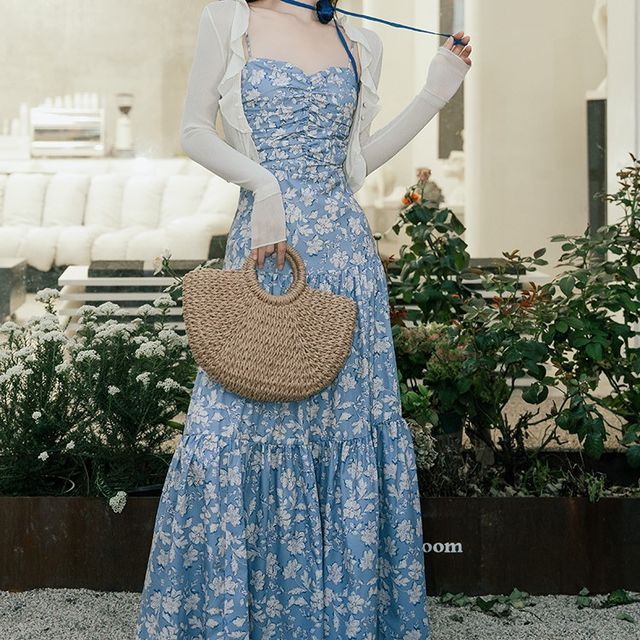 Cocaliso - Set: Spaghetti Strap Floral Tiered Maxi A-Line Dress + Plain Ruffle Trim Crop Cardigan | YesStyle Cocaliso - Set: Spaghetti Strap Floral Tiered Maxi A-Line Dress + Plain Ruffle Trim Crop Cardigan | YesStyle