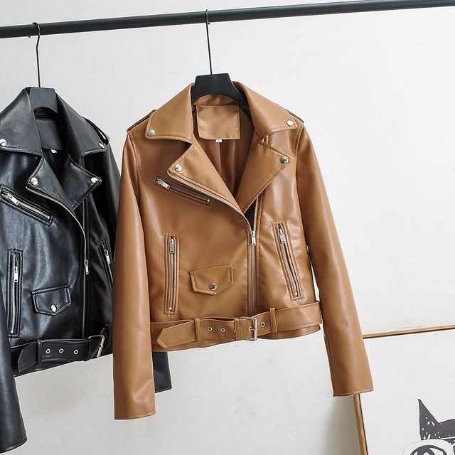 JVL - Lapel Collar Zipper Front Faux Leather Biker Jacket | YesStyle