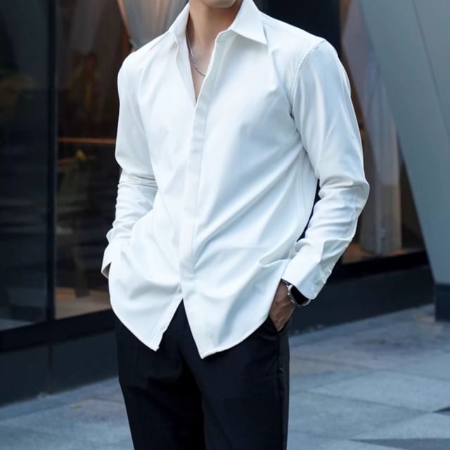 DragonRoad-Long Sleeve Collared Plain Shirt
