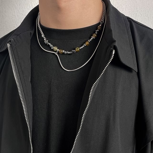 Black Degree-Layered Beaded Chain Necklace