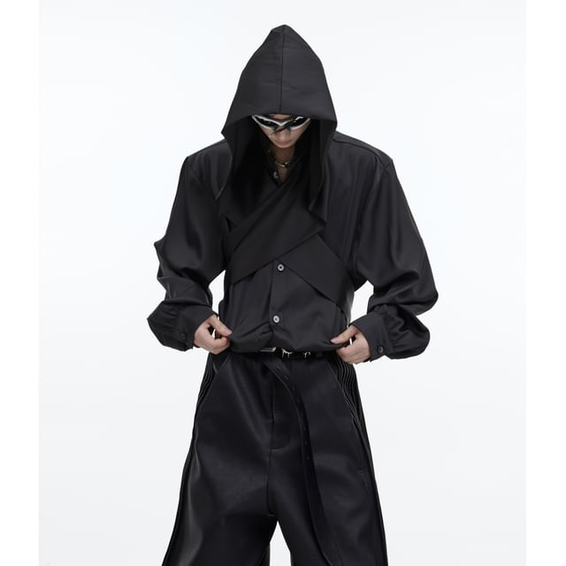kooklay-Long-Sleeve Hooded Plain Shirt
