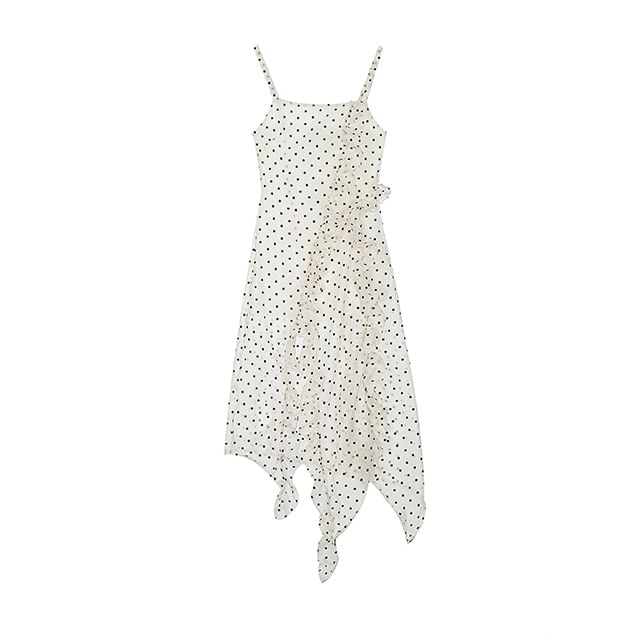 SPUCIKLEI-Spaghetti Strap Polka Dot Ruffle Asymmetric Hem Midi A-Line Dress