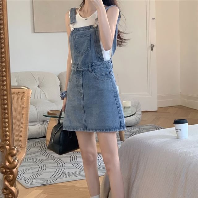 Beem - Washed Denim Mini A-Line Pinafore Dress | YesStyle