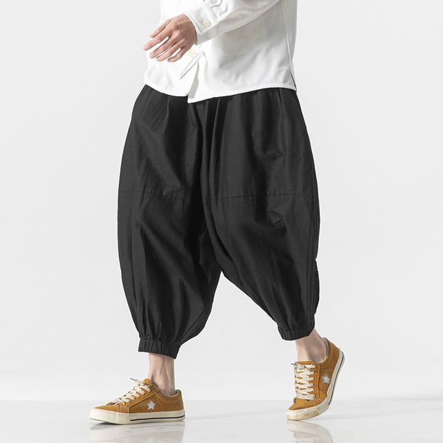 Blueforce-Elastic Waist Plain Cropped Harem Pants