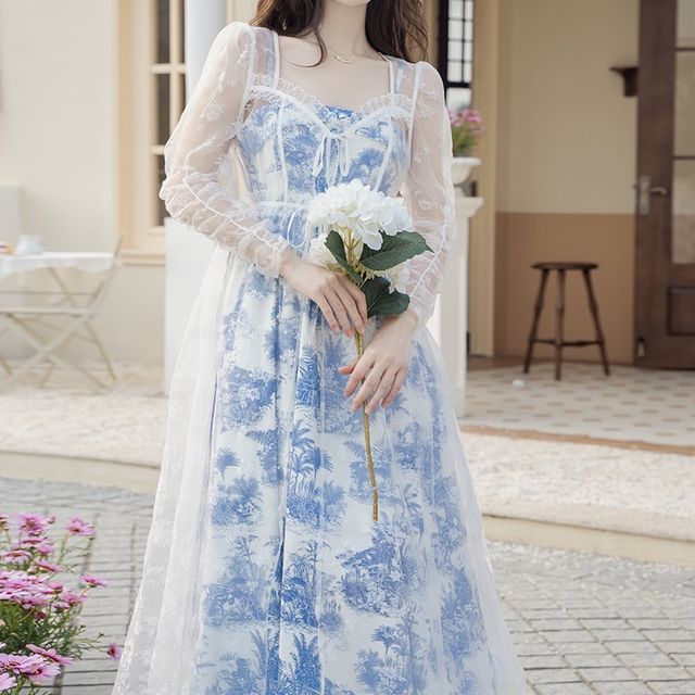 Nebbia Set: Spaghetti Strap Floral Print Midi A-Line Dress