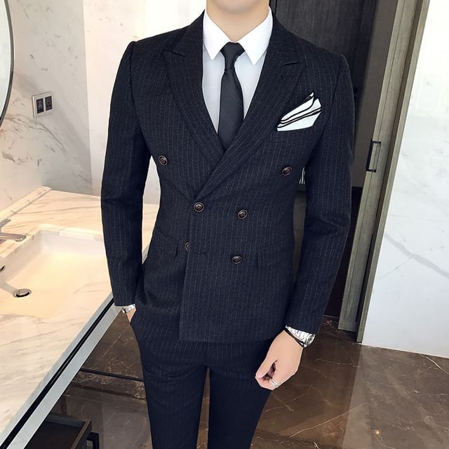 Sheck-Set Lapel Collar Pinstriped Double Breasted Blazer Mid Rise Pinstriped Dress Pants V-Neck Pinstriped Single Breasted Vest