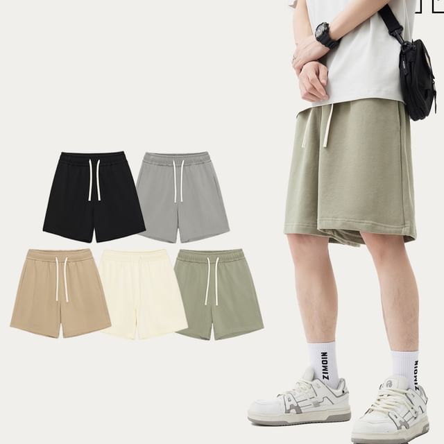 Lefitt-Drawstring Waist Plain Sweat Shorts