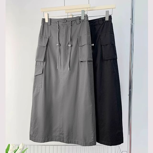 Yako-Drawstring Waist Plain Midi A-Line Cargo Skirt