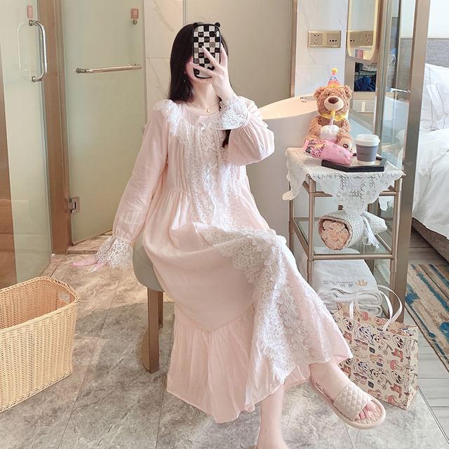 Jilliana - Long Sleeve Round Neck Plain Bow Ruffle Panel Lace Pajama Dress  | YesStyle