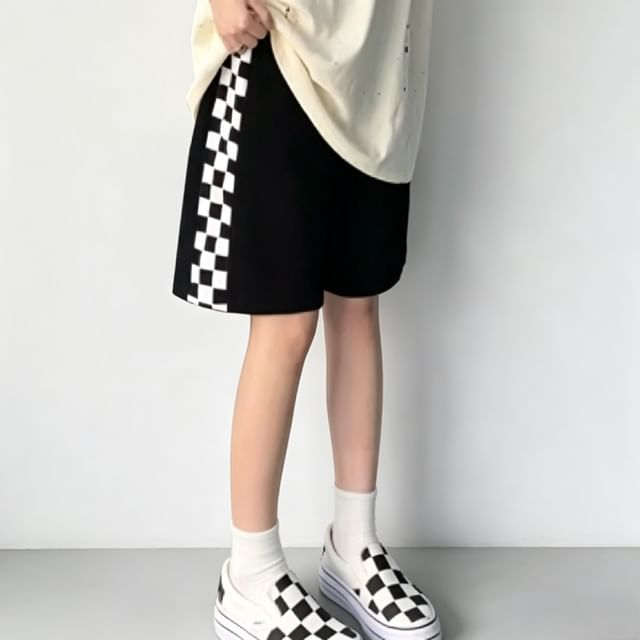Giuliana-Checkerboard Pattern Sweatshorts