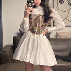 Rhames - 无带花朵印花系带上衣 / 长袖迷你A字连衣裙 Rhames - 无带花朵印花系带上衣 / 长袖迷你A字连衣裙