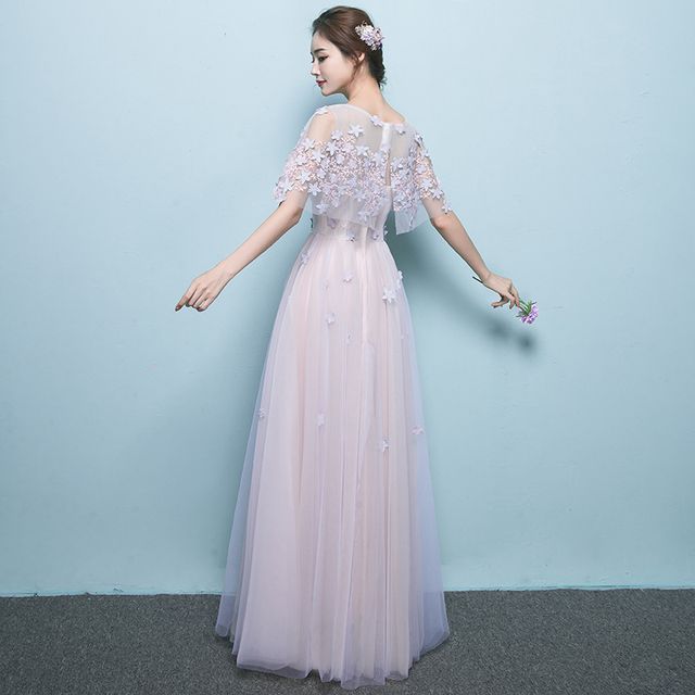 Mackizin Cap-Sleeve Floral Embroidered A-Line Mesh Evening Gown