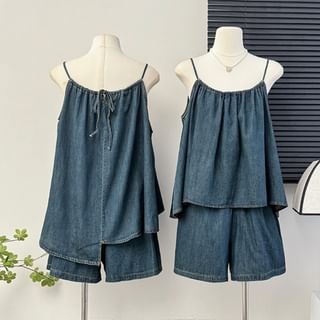 Lemongrass Set: Tie-Back Asymmetrical Denim Top + High-Waist Wide Shorts Sale