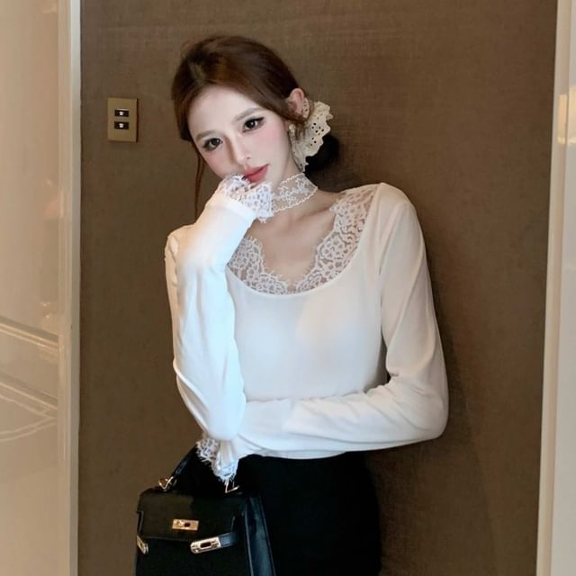 Whoosh-Long Sleeve V-Neck Plain Panel Lace Top