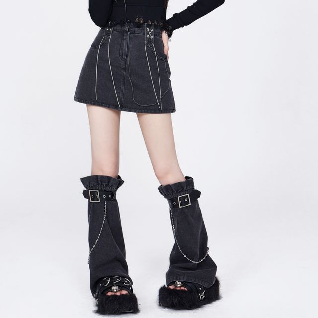 Sanzinamy Cross Chain Denim Skirt Strap Chain Denim Leg Warmer