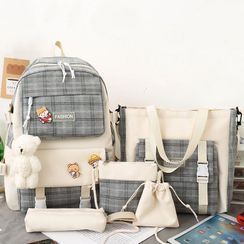 Santaka - Set: Plaid Backpack + Tote Bag + Crossbody Bag + Pouch