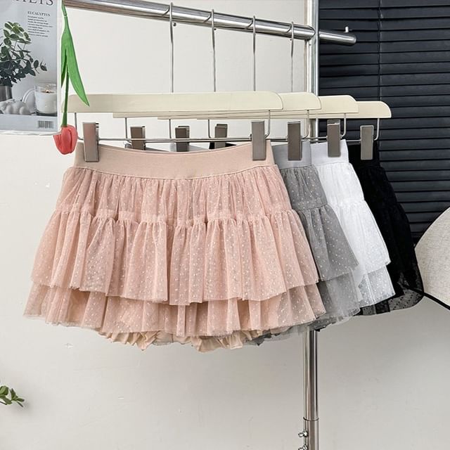 Lemongrass-Layered Mesh Mini Skirt