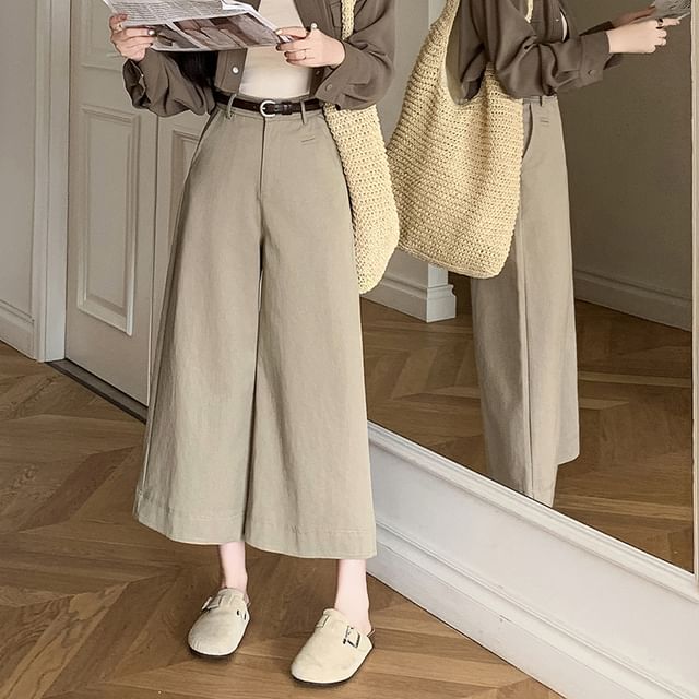 Odestra-High Waist Plain Crop Wide Leg Pants