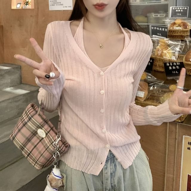 Beem-Long-Sleeve V-Neck Plain Mock Two Piece Button Ribbed Knit Top