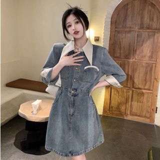 white christmas dresses Korean Style] Long Sleeve Single Breasted Denim Dress w/ Belt – Ordicle main image 1