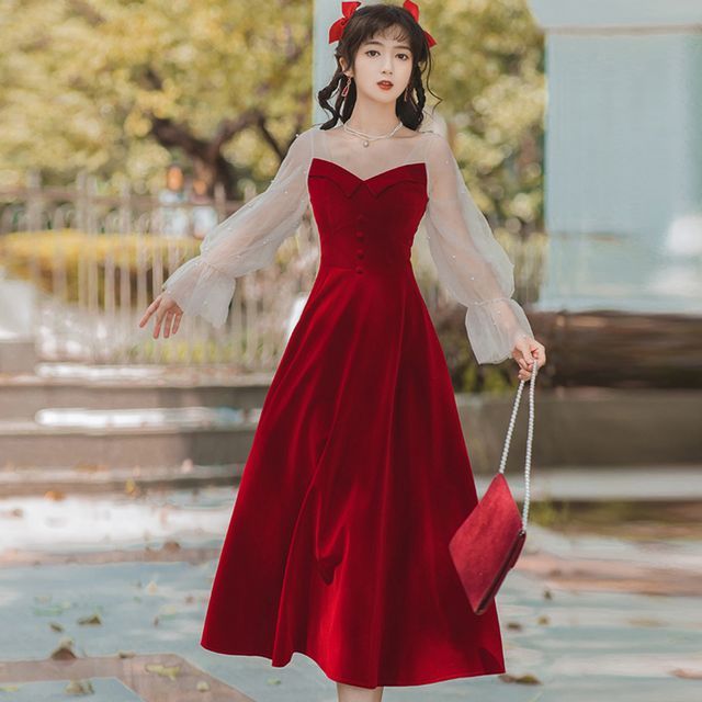 Flonso - Long-Sleeve Chiffon Panel Velvet Midi A-Line Dress