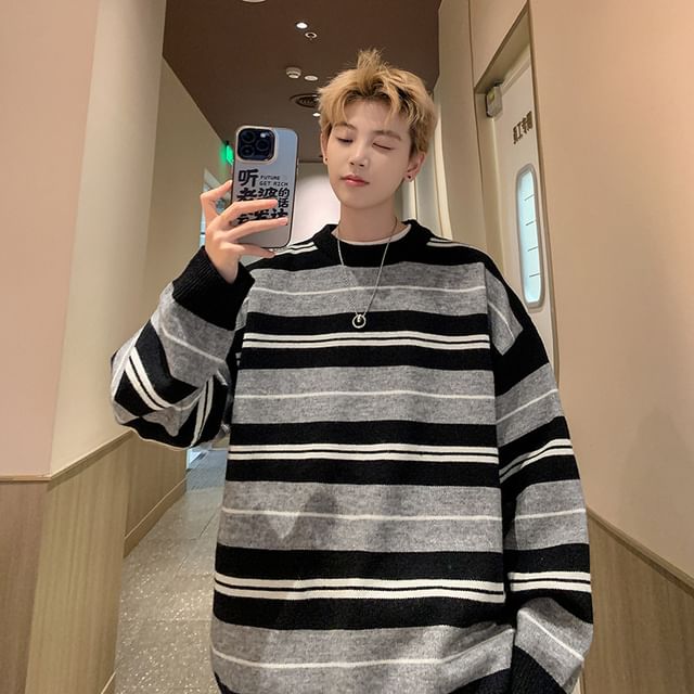 Priam-Drop Shoulder Round Neck Striped Oversized Sweater