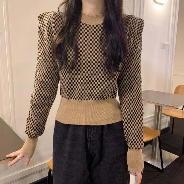 Sisyphi-Round Neck Checkered Crop Sweater