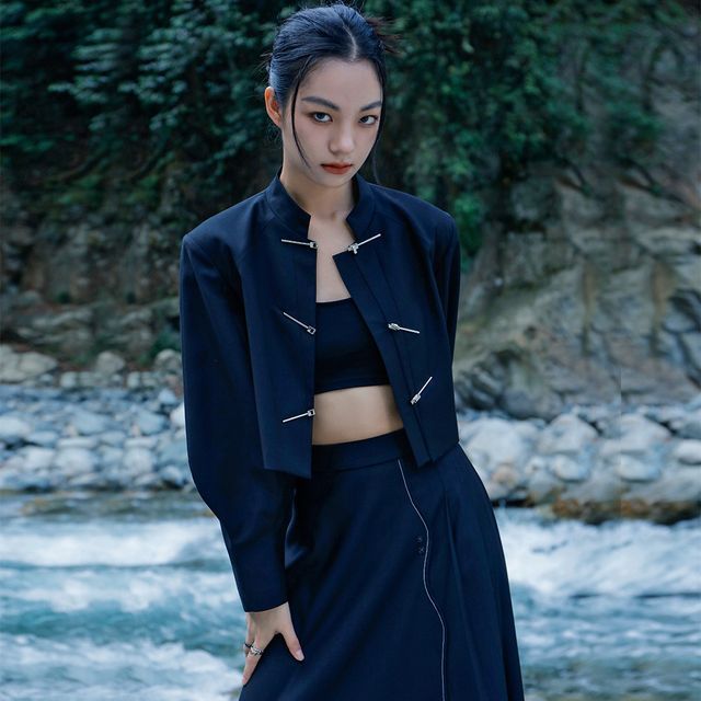 Nekomata - Mandarin Collar Plain Cropped Jacket | YesStyle