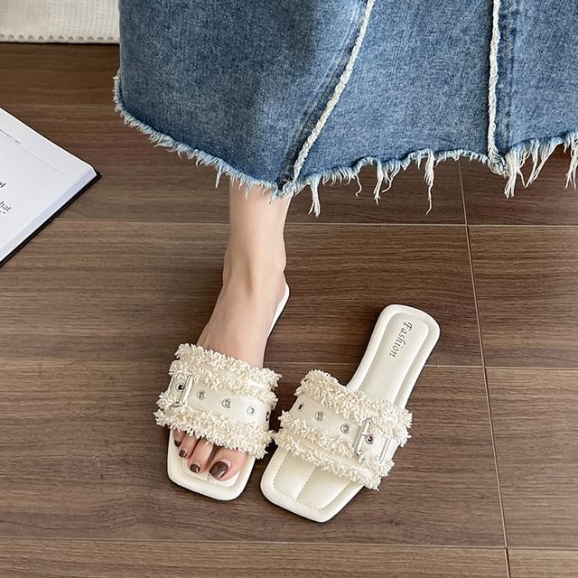 Nikao-Square-Toe Buckled Tasseled Slide Sandals