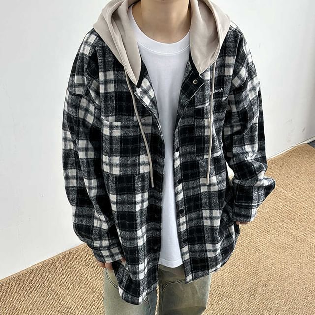 ROOSE-Mock Two-Piece Plaid Hooded Button-Up Jacket