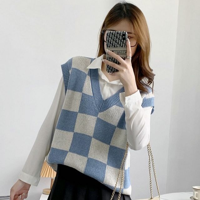 MIKIGA-V-Neck Checkerboard Sweater Vest