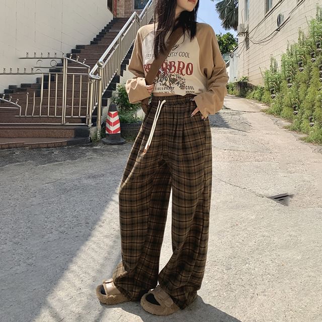 Cheerzo High-Rise Drawstring Plaid Pants (Various Designs