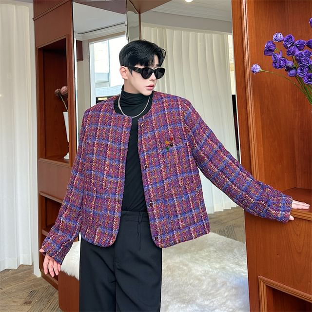 Freehop-Long Sleeve Crew Neck Plaid Coat