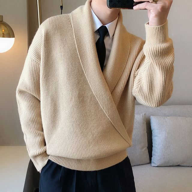 Nightbell-V-Neck Lapel Collar Plain Sweater