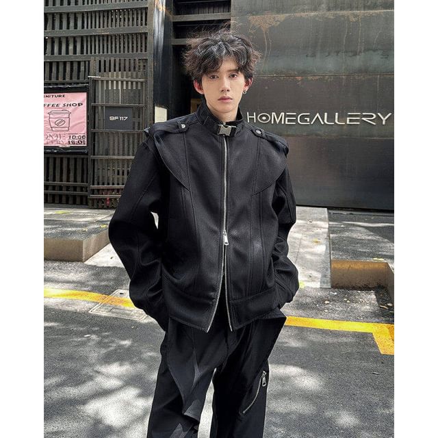 Freehop-Stand Collar Plain Buckled Zip Jacket