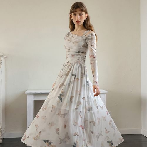 Sincethen - Long-Sleeve Cold Shoulder Butterfly Print Ruched