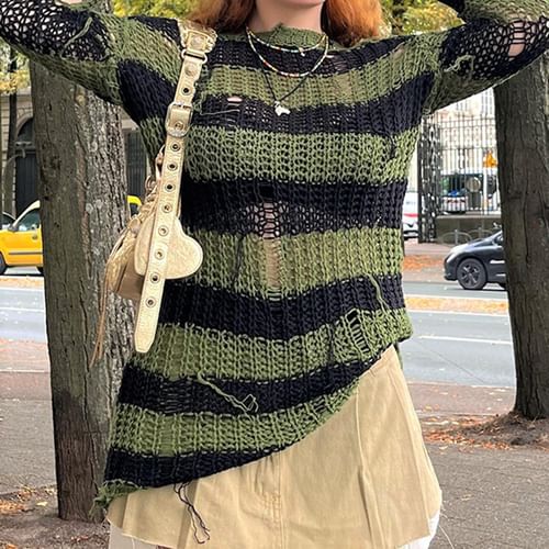 Sosana - Long Sleeve Crochet Open-Knit Striped Distressed Loose-Fit Sweater