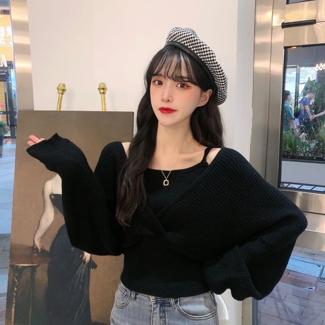 Shinsei - Mock Two-Piece Cold-Shoulder Knit Top | YesStyle
