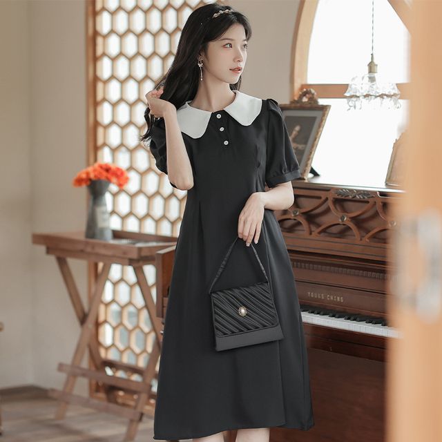 princess polly baby blue dress sansweet - Puff-Sleeve Contrast Collar Midi A-Line Dress