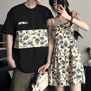 Azure Couple Matching Spaghetti Strap Floral Print Mini A-Line Dress / Short-Sleeve T-Shirt