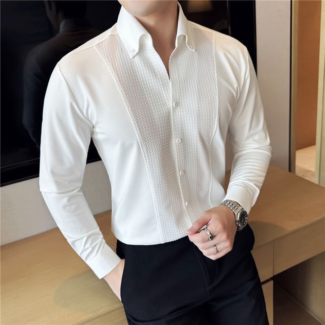 Lefitt-Long Sleeve Collared Plain Panel Shirt