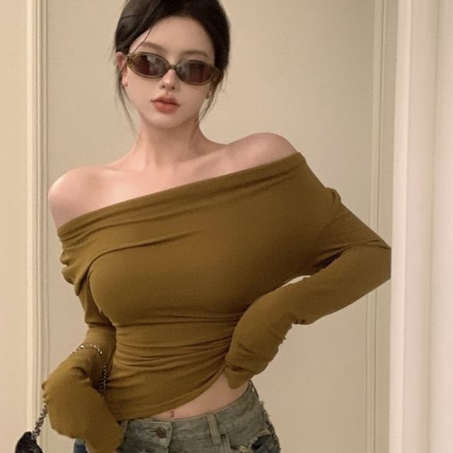 Yako-Off Shoulder Long Sleeve Plain Ruched Top